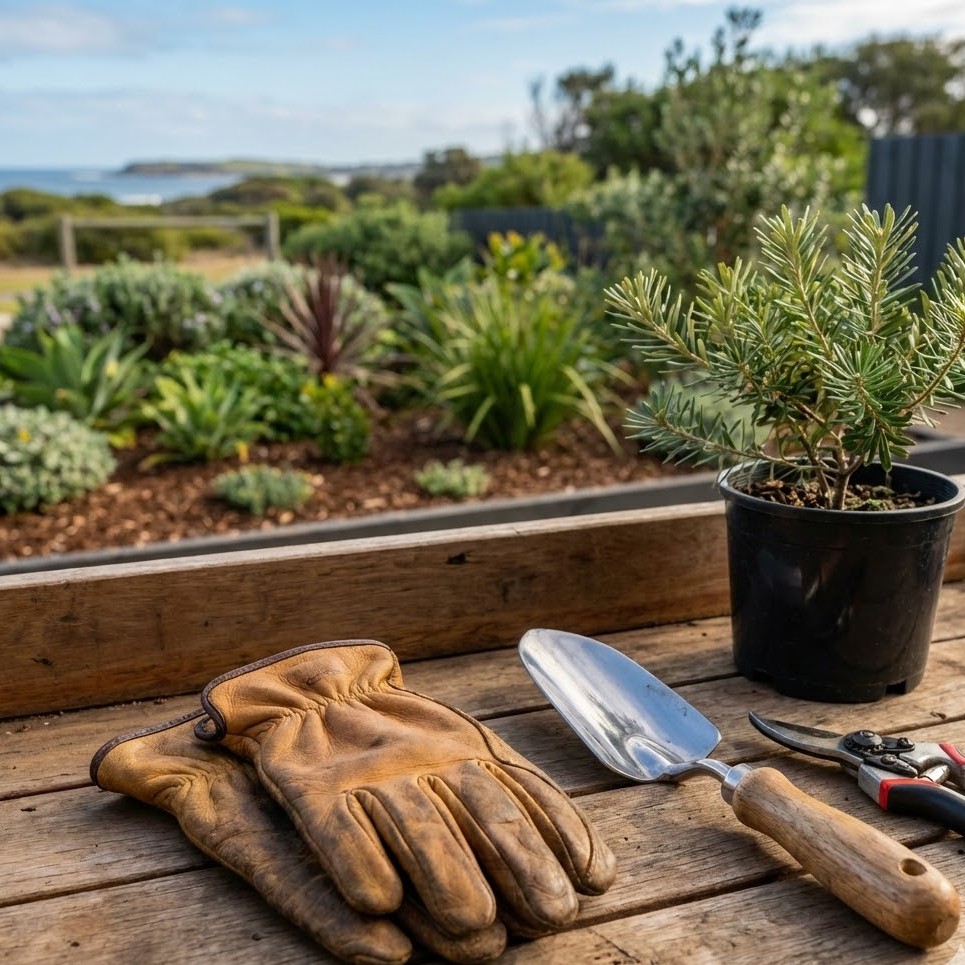 A collection of professional gardening tools including leather gloves, a hand fork, and pruning shears used by the expert team at Backwell Gardening and Maintenance Services.